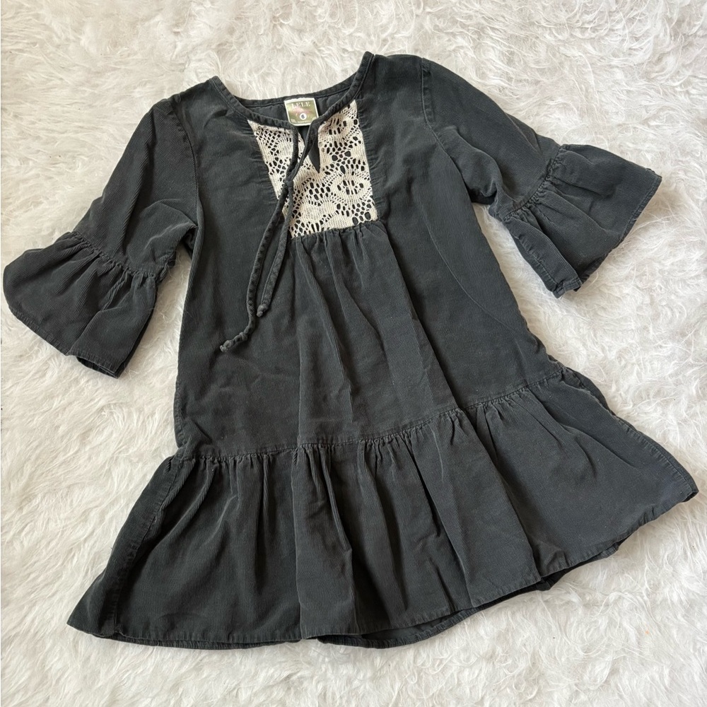 Charming Charcoal Corduroy Kids Dress with Lace Detail